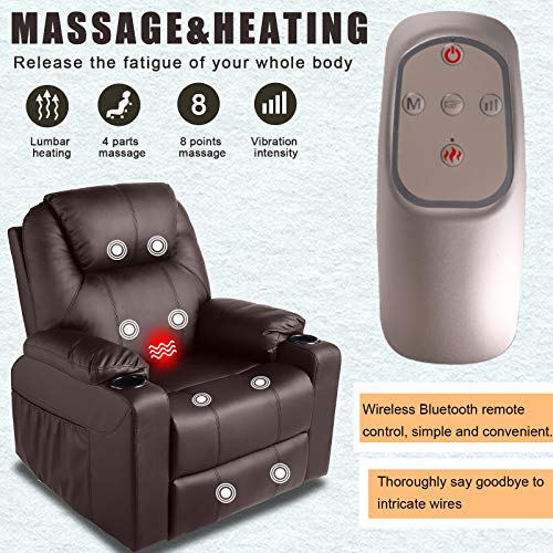 MAGIC UNION Modern PU Leather Massage Recliner Chair Rocking and 360°Swivel Heated Ergonomic Living Room Lounge Chair Single Sofa with 2 Cup Holders and Side Pockets Wireless Remote Control