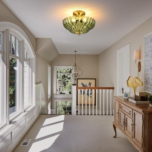Image of Semi Flush Mount Ceiling Light, Gold Vintage Hallway Light Fixture with Green Glass 11.8 Inch, Close to Ceiling Light for Hallway Living Room Bedroom Kitchen Bathroom Foyer, E26 Base