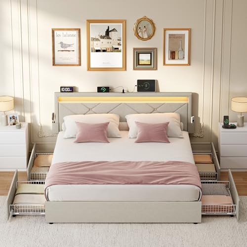 VASAGLE Doppelbettgestell, Bettgestell, 140 x 200 cm, LED, Metallbett, 4 Schubladen, Ladestation, verstellbares gepolstertes Kopfteil, cappuccinobeige RMB827LH01