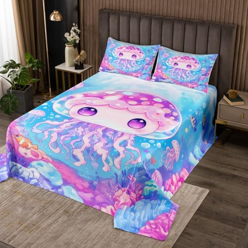 jejeloiu Kids Cute Jellyfish Coverlet Set King Size Ocean Fish Bedspread for Boys Girls Teens Room Decor Cartoon Animal Sea Creature Underwater Marine Life Quilted Coverlet