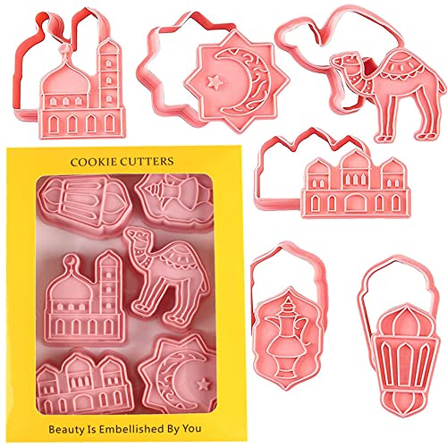 6 Pcs Eid Mubarak Cookie Cutters Mold Ramadan Islamic Muslim Biscuit Mold, Mosque, Lantern, Camel, Star, Moon, Islamic Star for Eid Mubarak Holiday Party Supplies Family DIY Cookie Tools