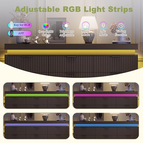 Image of Black Dresser 9 Drawer Dresser with LED Lights and Charging Station, 63 inch Wide Wood Fluted Dresser for Bedroom, Modern Chest of Drawers for Closet Dresser TV Stand for Living Room, Entryway