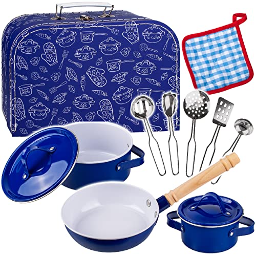 alles-meine.de GmbH 12 TLG. Set Kinder - Koffer Kochset & Topfset Puppengeschirr/Kochtopfset - Antihaft - aus Metall/echte Edelstahl Blech Töpfe/Panne + Küchenhelfer ..
