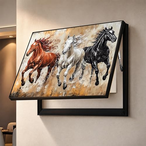 Image of Electric MCB Box Cover Frame With Hydraulic Decorative White 3 Running Horse Painting Electrical Panel box Cover, Switch Box Frame Will Fit Max 15x20 inch Switch Board, Outer Box Size 17X23 Inch