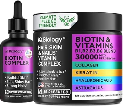 Complete Hair, Skin & Nail Health Bundle Biotin Supplement with Collagen & Keratin + Liquid Biotin Drops with Astragalus for Enhanced Hair Growth, Thinning Hair Treatment, Skin Glow & Nail Repair