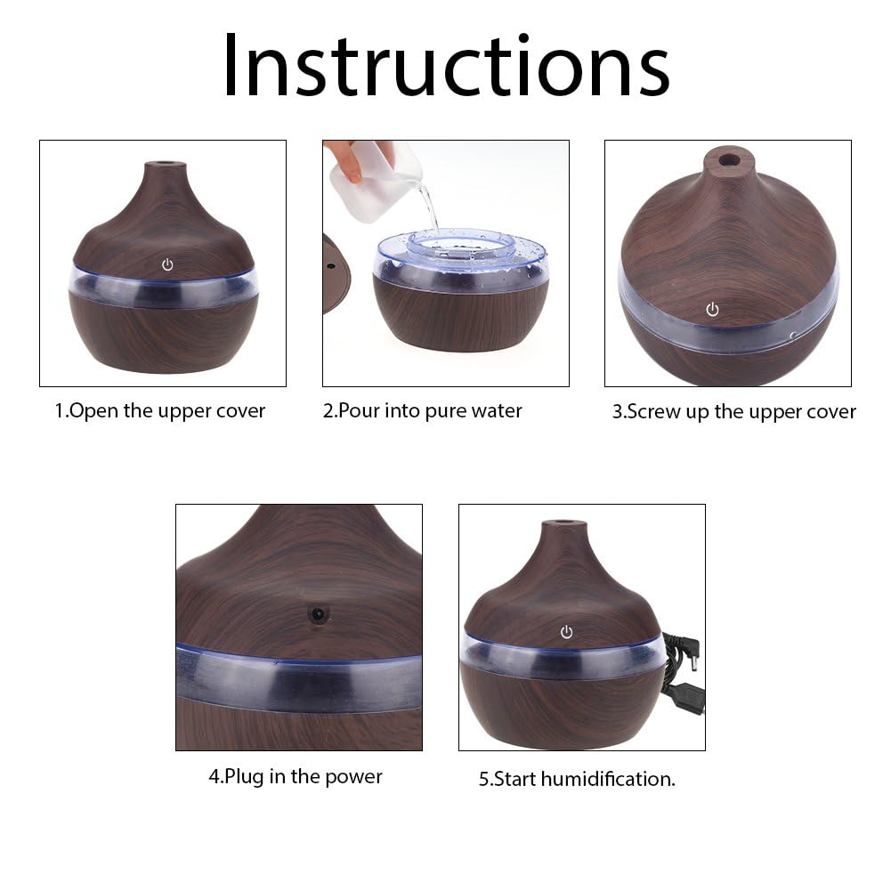 mobigon Wood Cool Mist Ultrasonic Humidifier for Room Moisture, Aroma Diffuser for Home, 300ml Essential Oil Diffuser with 7 Colorful Night Light, Auto Shut-Off, Home, Office, car (D. Dark Brown)