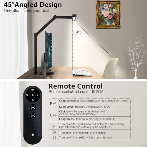Image of Micomlan Architect Desk Lamp with Remote Control, Adjustable Led Desk Light for Home Office with Base, 24W Bright Auto Dimming Table Light Rotatable Office Lamp with Swing Arm for Computer Cafting