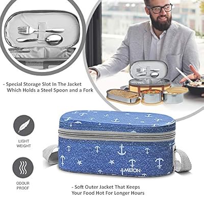 Milton corporate lunch box stainless steel tiffin (2 round container 280 ml each and 1 pc oval container 500 ml) with bag, leak proof & airtight containers with spoons, blue - msdeals