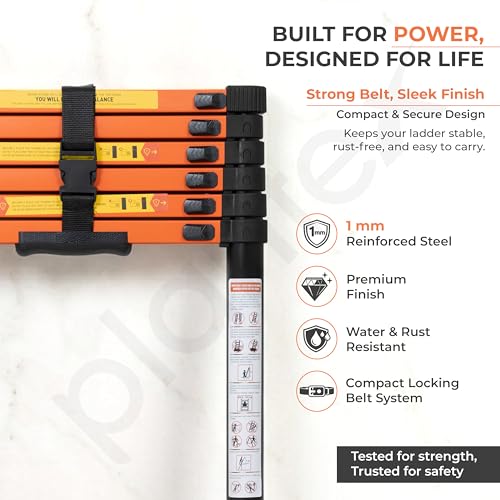 Image of Plantex 2.7m (8.85 ft.) Telescopic Ladder /Carbon Steel 7-Steps Portable & Compact Ladder /Foldable Multipurpose Collapsible Ladder for Home & Outdoor Use - (Orange)