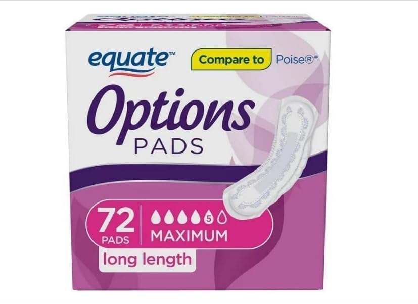 Equate Options Womens Incontinence Pads Maximum Absorbency Long Length (72 Count)