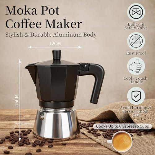 Romon Cafetera Italiana, Induction Inox Moka Italiana de Aluminio y Acero Inoxidable, Máquinas Cafeteras 6 Tazas, Mango Termorresistente, Fácil de Lavar para Hogar Oficina Camping, Negro 300 ml - imagen 2