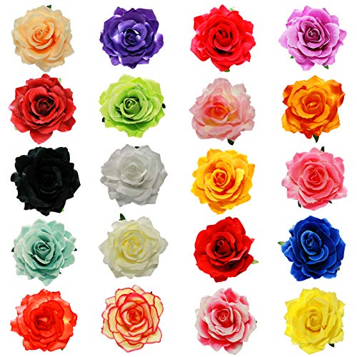 WillingTee 20 Pack Rose Flower Hair Clips and Brooches for Women Girls Vintage Flower Brooch Pin Boho Hair Clip