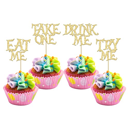 Image of Gyufise 24Pcs Alice in Wonderland Cupcake Toppers Gold Glitter Try Me Take One Eat Me Cupcake Picks for Fairytale Wonderland Theme Baby Shower Kids Boys Girls Birthday Party Cake Decorations Supplies