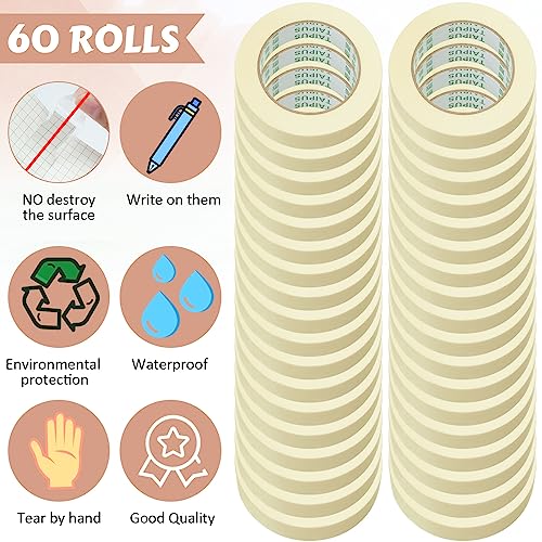 Image of Fainne 60 Rolls Masking Tape Bulk 0.8 Inch 55 Yards | General Purpose Tape for Classroom, Labeling, Crafts, Office, School Projects, Easy Tear & Clean Removal, Beige White