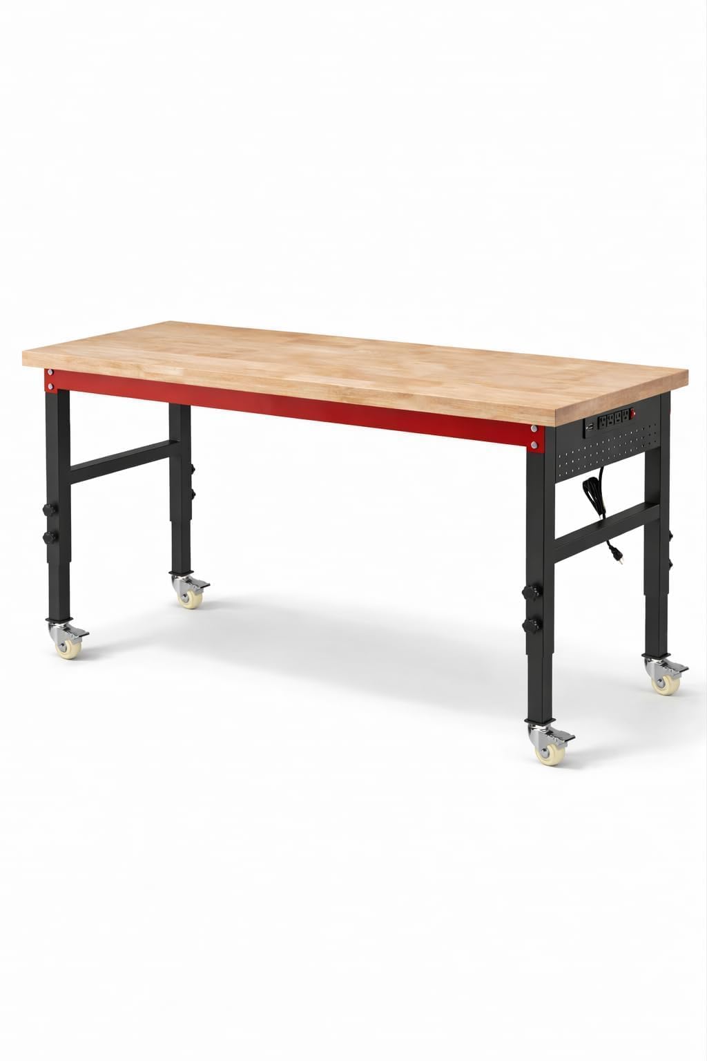 70" Heavy Duty Workbench, 2500 LBS Load Capacity Work Bench with 1.2" Laminated Oak Wood Top & Reinforced Steel Frame, Adjustable Height Work Table for Garage, Workshop, Office, Home (Casters)