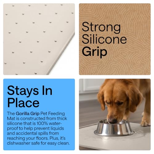 Image of GORILLA GRIP 100% Waterproof Raised Edge BPA Free Silicone Pet Feeding Mat, Dog Cat Food Mats Contain Spills Protects Floors, Placemats for Cats and Dogs Water Bowl, Pets Accessories 32x24 Beige