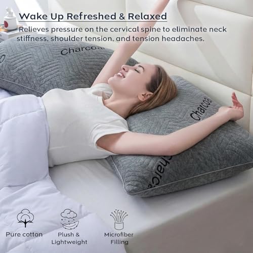Image of AYKA Premium Charcoal Pillow for Sleeping, Set of 4 | 17x27 Inch Hotel Luxury Bed Pillows | 100% Virgin Microfiber Fill, Soft & Fluffy | Neck Support for Side, Back & Stomach Sleepers | Grey