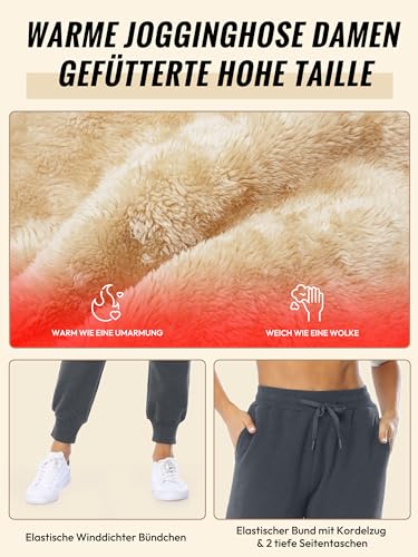 MOVE BEYOND Gefütterte Jogginghose Damen Warm Thermo Fleecehose Winter Verdickte Kuschelhose mit 2 Taschen Sherpa-Innenfutter Kordelzug Sweathose, Grau, XXL
