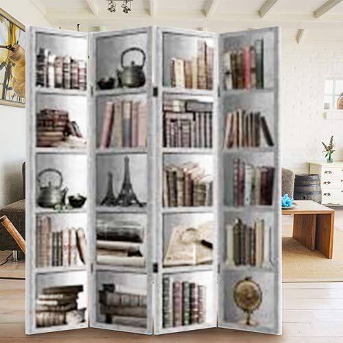 BAKAJI Paravento Separè 4 Pannelli Struttura in Legno Rivestimento in Tela con Stampa Fronte Retro Libreria Divisorio Richiudibile Pieghevole 180 x 160 cm