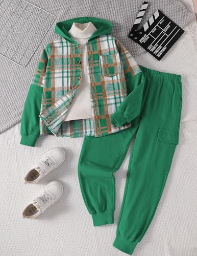 Image of 2Pcs Boys Clothes Sweatsuit Set Hoodie Flannel Plaid Shirt and Jogger Pants for Kids Fall Winter Spring Outfits