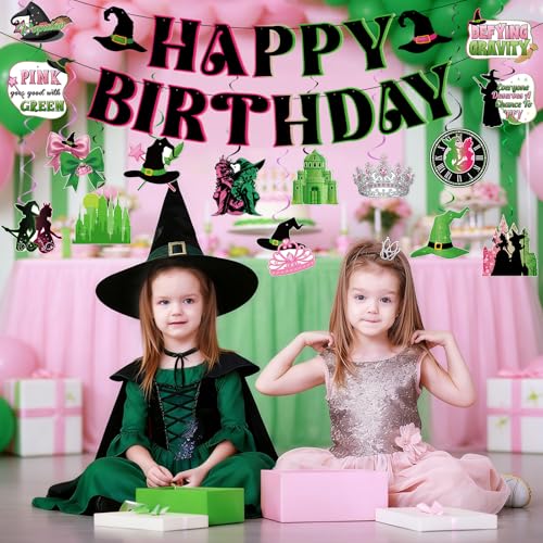 Image of Hooqict Witch Birthday Decorations Pink and Green Happy Birthday Banner with 15Pcs Hanging Swirl Ceiling Streamers for Girls Women Princess Witch Movie Themed Party Decorations Supplies