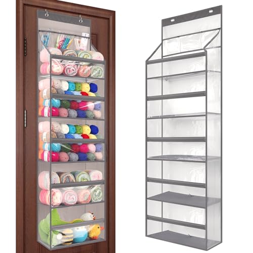 Image of Katech Hanging Yarn Storage Organizer, Large Capacity Knitting Organizer Storage with 5 Transparent Compartments 3 Pocket for Yarns Enthusiasts, Over The Door Storage Bag for Crochet Hooks Yarn Balls