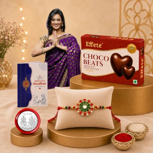 Image of Oblivion Rakhi with Chocolate for Brother - Colorful Round Shape Rakhi with Choco Beats Chocolate 32gms with Silver Color Pooja Coin, Greeting Card & Tilak Set - Traditional Raksha Bandhan Combo Pack