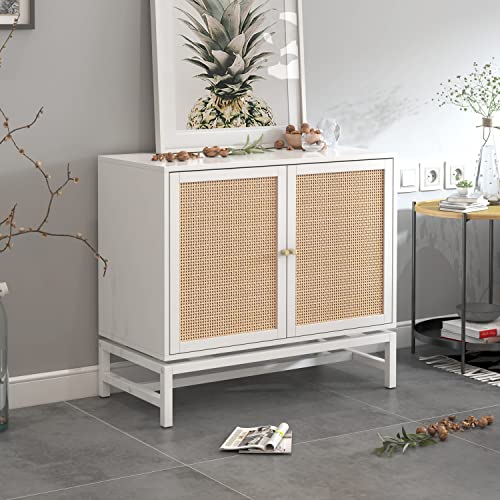 Zehuoge White Sideboard Buffet Side Cabinet Rattan Cupboard With Natural Rattan, 2-Tier Storage Cabinet Rattan Accent Cabinet Built-In 3-Stage Adjustable Detachable Shelf #TOP2