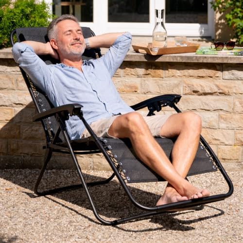 Soontrans Liegestuhl, Sanftes Zurücklehnen die Schwerelosigkeit Genießen, Liegestuhl Klappbar mit Stufenlos Verstellbare Positionen & Kopfstütze & Getränkhalter, aus Stahl & Textilenebezug (Anthrazit)