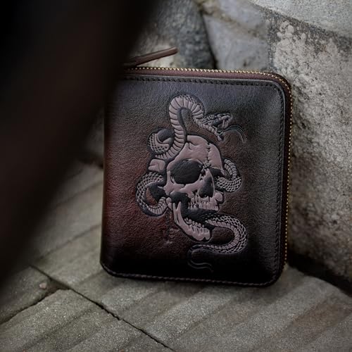 Mens Wallet Zipper,Skull Men's Leather Wallets With Coin Pocket, Multi-Functional,RFID Blocking,Gifts for Him(coffee)2