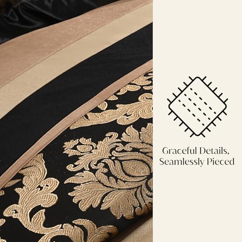 Image of CozyDH Black Gold Floral Comforter Set California King - 7 Piece Luxury Jacquard Bed in a Bag Vintage Patchwork, All Season Down Alternative Bedding with Bed Skirt, Shams, Decorative Pillow, 104x96 in