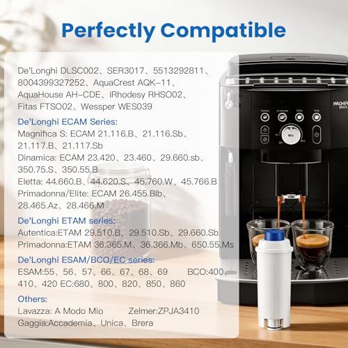 Image of 6-Pack Coffee Machine Water Filter Replacement Compatible with DeLonghi DLSC002, for Magnifica Evo, Dinamica Plus, Eletta Explore, ECAM, ETAM, ESAM Series Espresso Machines