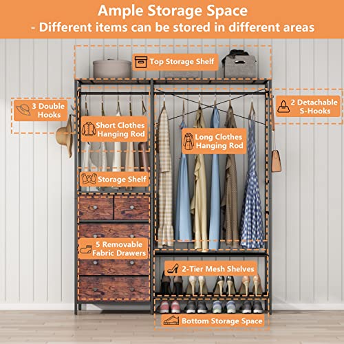 Clothes-Rack-with-5-Drawers-4-Storage-Shelves-591W709H-Heavy-Duty-Clothing-Rack-with-2-Hanging-Rods-Wardrobe-Closet-Organizer-System-with-5-Hooks-Freestanding-Garment-Rack-Rustic Clothes Rack with 5 Drawers 4 Storage Shelves 591W709H Heavy Duty Clothing Rack with 2 Hanging Rods Wardrobe Closet Organizer System with 5 Hooks Freestanding Garment Rack Rustic