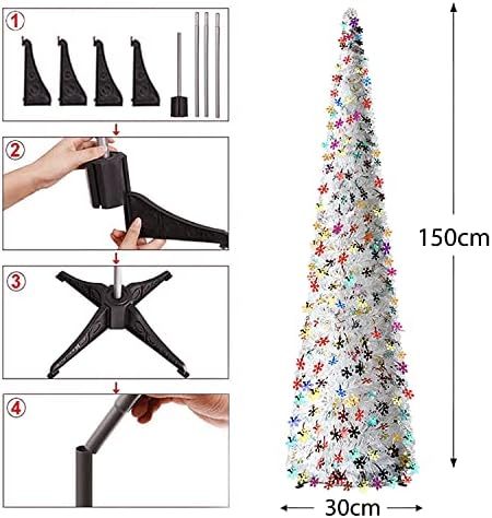 DOYOLLA White Christmas Tree 5ft, Pop Up Collapsible Artificial Tinsel Coastal Xmas Tree with Sparkle Snowflakes for Home & Party & Office & Fireplace Holiday Decorations