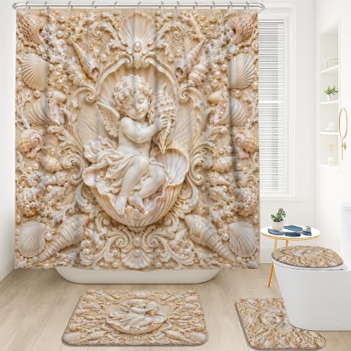 Rideau de douche anti-moisissure lavable en polyester beige d'été ange - 3