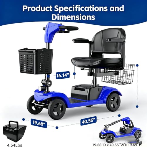 Image of Mobility Scooter,Removable Battery,Suitable for All Terrains-Blue | 28 Miles Travel,300 lbs Capacity,Quick-Assembly, Features Rotating Seat,300W Motor,Dual Baskets and Rear Tail Lights