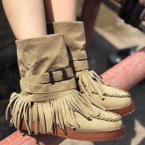 Bcshiye Tassel Boots for Women Moccasin Suede Ankle Booties Winter Round Toe Vintage Buckle Strap Mid-Calf Flat Shoes3