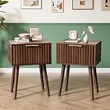 VINGLI Night Stand Set 2, Fluted Nightstands with Drawer, Mid Century Modern Nightstands Set of 2, Bedside Table, End Table, Wood Nightstand for Bedroom, Walnut, 15.75