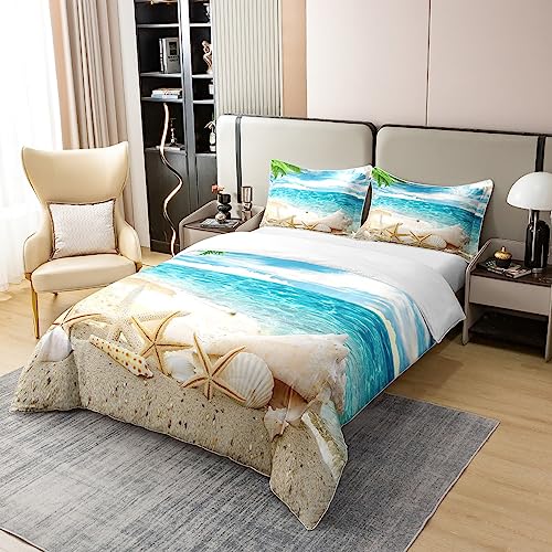 100% Cotton Beach Themed Bedding Sets King Blue Ocean Comforter Cover Seashell Starfish Printed Bed Sets Beach Coastal Duvet Cover 1 Duvet Cover 2 Pillowcases for Kids Teens Adults (No Comforter) - Image 2