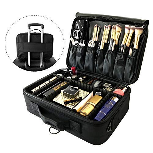 Preisvergleich Produktbild Kosmetiktasche Reiseetui Make-up Organizer Tragbare Aufbewahrungstasche mit verstellbaren Trennwänden für Pinsel Toilettenartikel Schmuck Elektronik / Schwarz / Rose (Groß 37 x 27 x 13 cm, Schwarz)