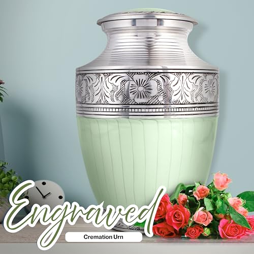 Image of Large Cremation Urn for Human Ashes Adult - Handcrafted Aluminum Memorial Urn for Men & Women, Secure Screw-Top Lid, 200 Cubic Inches, Decorative Funeral Burial Urn for Home Display, Green Silver
