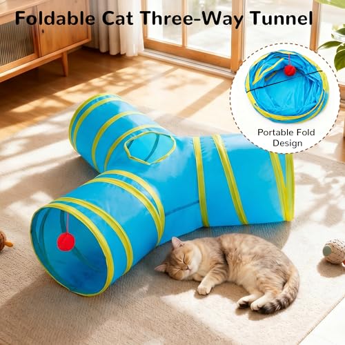 Image of Tempcore Cat Tunnel for Indoor Cats, 3 Way Collapsible Pet Play Tunnel with Teaser Wand, Peek Holes & Hanging Ball, Interactive Tube for Kittens & Rabbits, Blue & Yellow