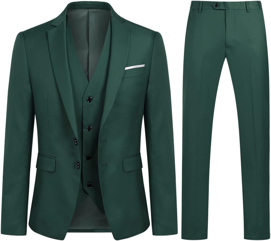 YOUTHUP Mens Slim Fit 3 Piece Suit 2 Button Business Wedding Suits Tuxedo Blazer Waistcoat Trousers