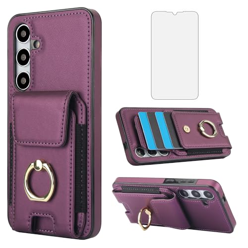 Asuwish Phone Case for Samsung Galaxy S24 Plus S24+ 5G with Tempered Glass Screen Protector Wallet Cover and Slim Ring Stand Card Holder Leather Cell Accessories S24plus 24S + S 24 24+ Women Purple