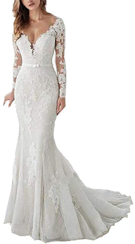 Abito da Sposa a V Sirena Maniche Lunghe Tulle Pizzo Applique delle Donne, Bianco