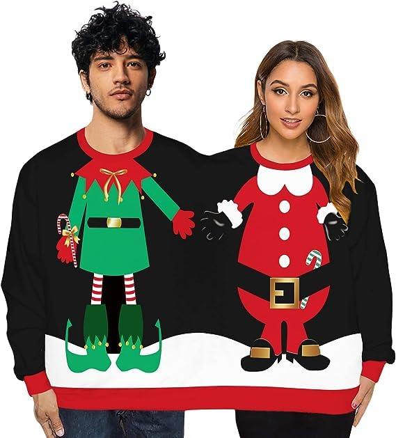 AGCOAH Two Person 3D Funny Ugly Christmas Sweatshirt for Women Man Matching Xmas Sweatshirt for Couples Xmas Thanksgiving(Character)