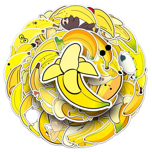 Banana Stickers for Teens Boy Girls Kids|50 Pcs|Cute Waterproof Vinyl Stickers for Laptop Computer Phone Tablet Luggage Flasks Car Water Bottle Bike,Yellow Cartoon Fruit Stickers Decals Pack(Banana)