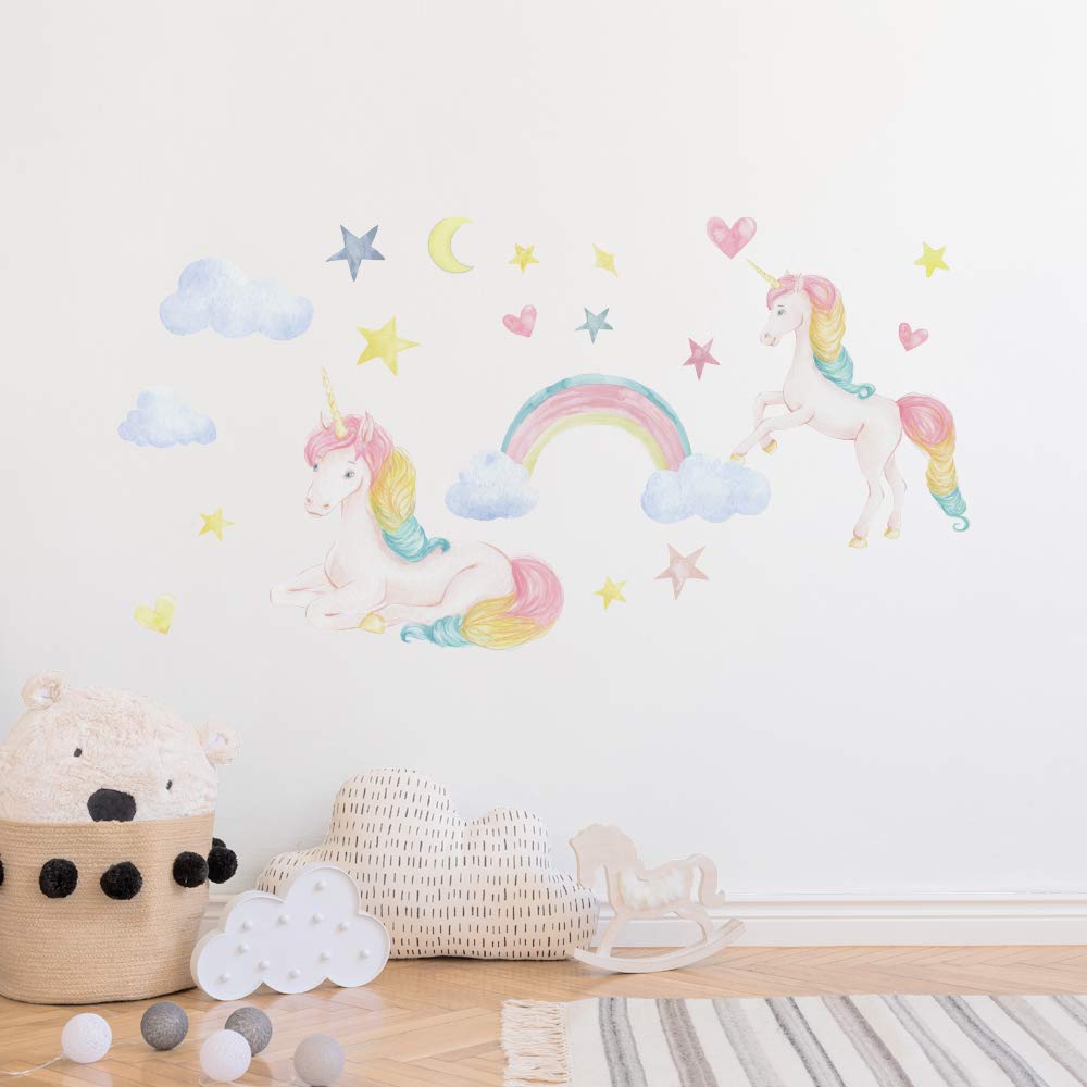 Alwayspon Kids/Girls Room Cute Unicorn Rainbow Cloud Star Wall Sticker, Removable Watercolor Wall Decals, Peel and Stick Wall Art Murals for Home Nursery Decoration Living Room Decor