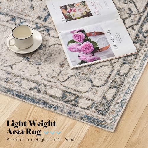 Image of AMERLIFE 5'x8' Wilton Collection Area Rug, Durable Low Pile Non-Slip Washable Rug for High Traffic Areas, Distressed Floral Pattern Vintage Rug for Living Room, Bedroom, Dining Room,Light Blue