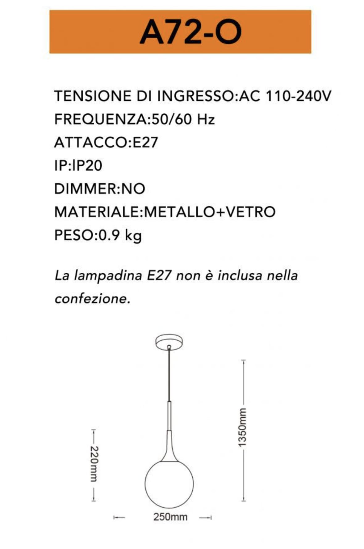 Lampadario a sospensione decorativa in metallo con sfera in vetro attacco E27 lampada contemporanea (Argento/Oro) A72 (ORO)